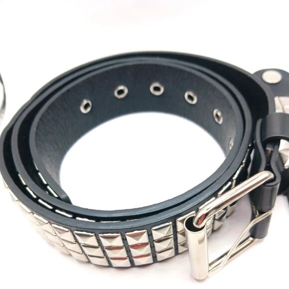 Gothic Studded Vegan Leather Belt + Double Row Studded Bracelet Unisex -Black - Picture 11 of 12